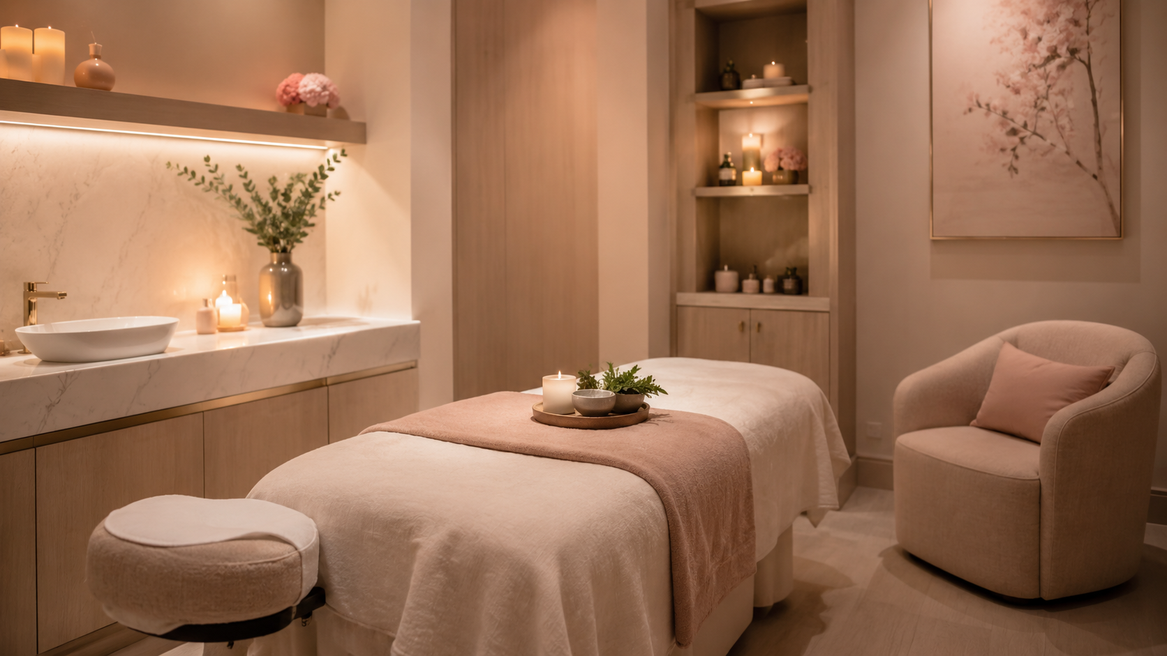 A soft blush spa treatment room at Luna Skin Studio