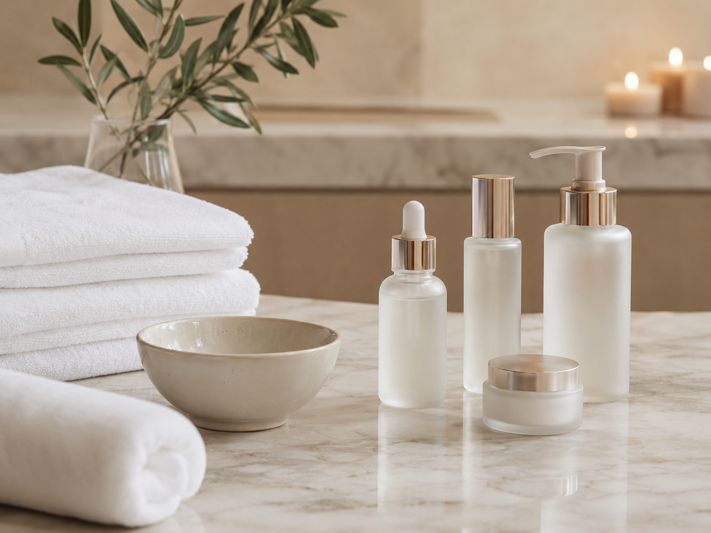 Skincare products and soft towels