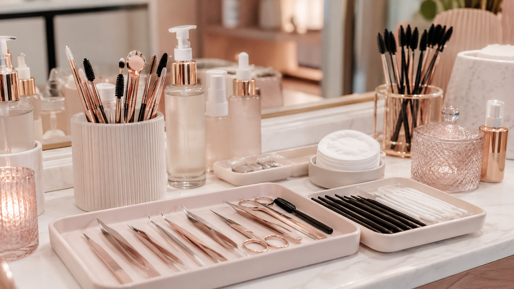 Brow and lash tools arranged on a salon counter