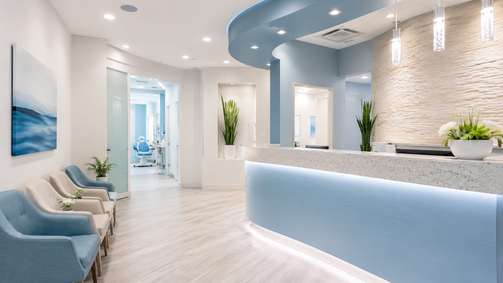 Northline Dental reception area with blue accents
